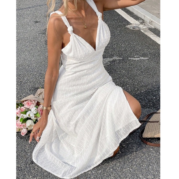 Boho White Swiss Dot  High Waisted Cami Midi Dress - Picture 3 of 5